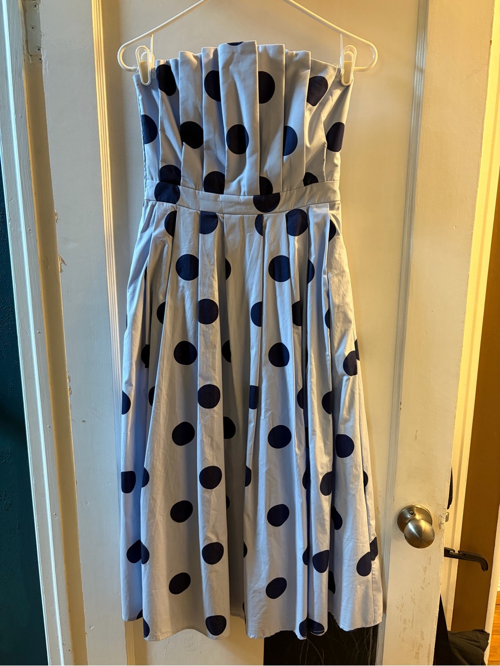 entro Strapless Light Blue Dress with Navy Polka Dots Midi Silhouette - Picture 2 of 5